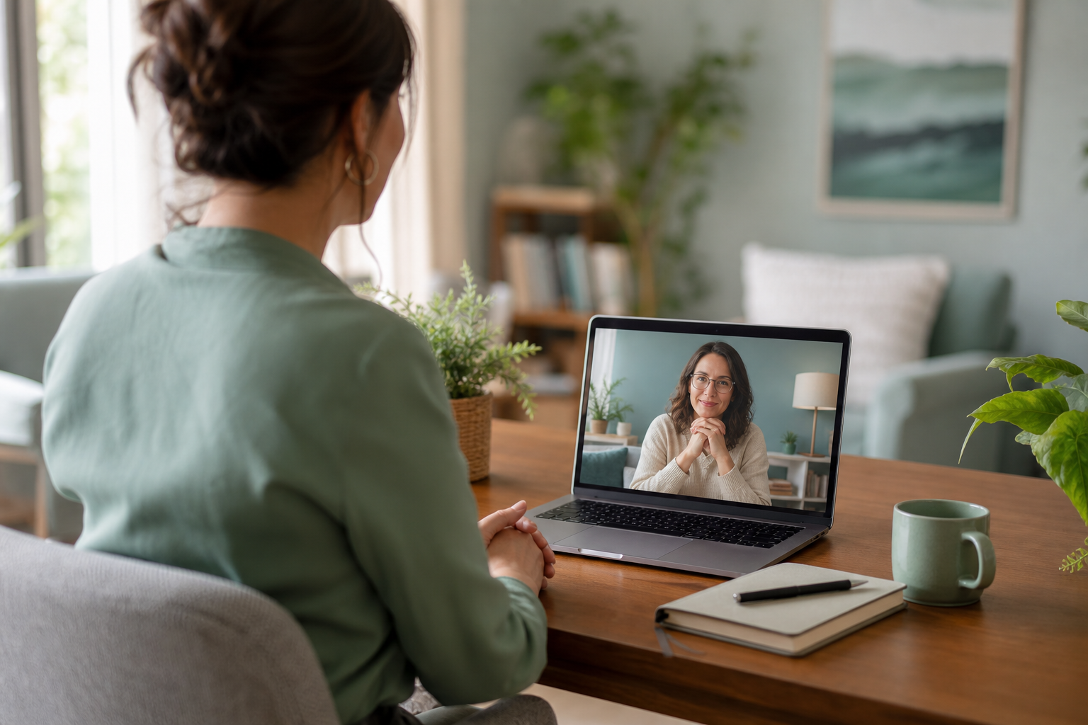 Cliente in videocall con counselor in un ambiente domestico sereno